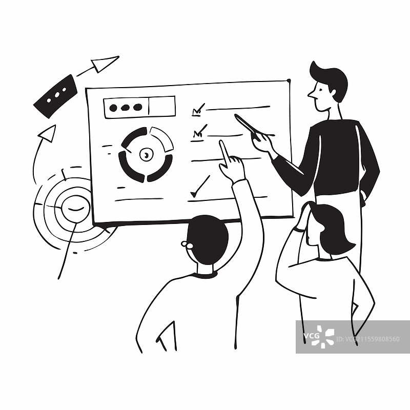 扁平化设计团队成员讨论季度计划图片素材