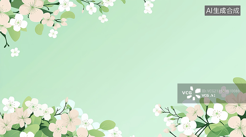 【AI数字艺术】春天粉白色樱花季盛开边框装饰节气绿色背景图片素材