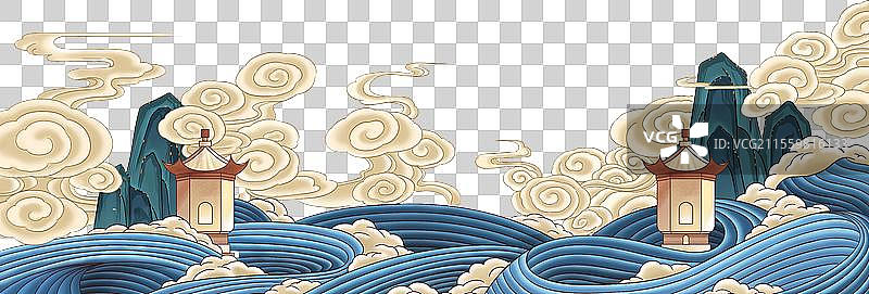 手绘中国风国潮水河流山祥云插画图片素材