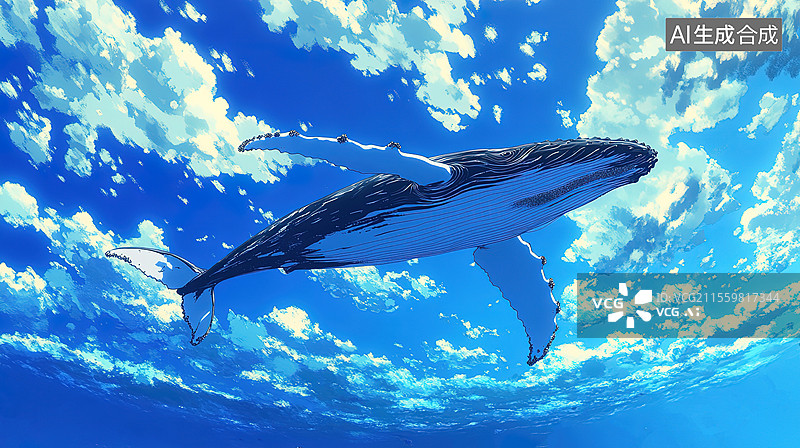 【AI数字艺术】童话世界一头座头鲸漂浮在蓝天上图片素材
