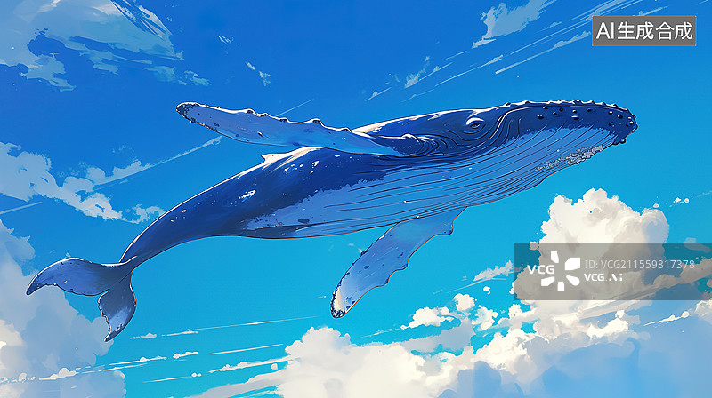 【AI数字艺术】童话世界一头座头鲸漂浮在蓝天上图片素材