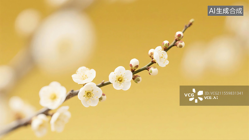 【AI数字艺术】白色梅花枝头绽放黄色背景模糊图片素材