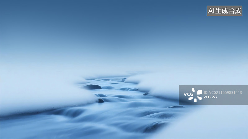 【AI数字艺术】雪地背景上流淌的溪流图片素材