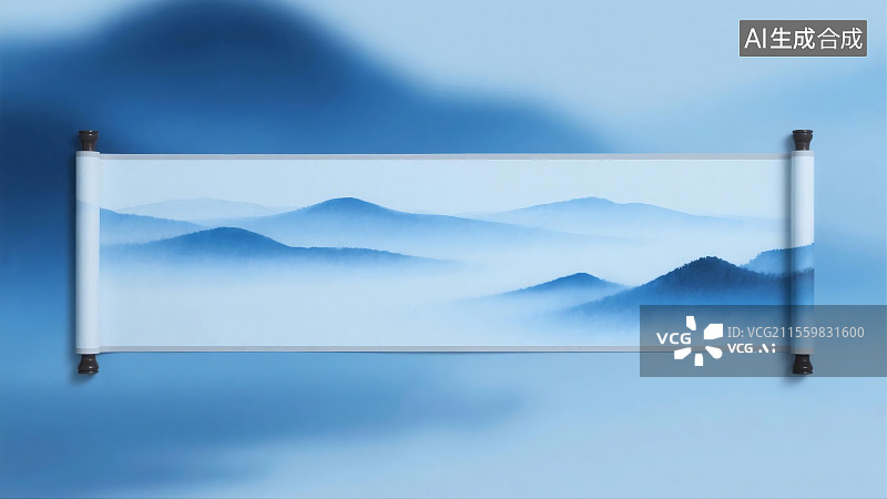 【AI数字艺术】山水画卷轴展示在蓝色背景前图片素材