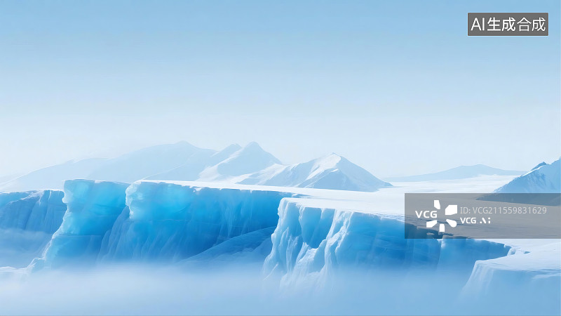 【AI数字艺术】冰山漂浮在雪地中，背景是连绵的雪山图片素材