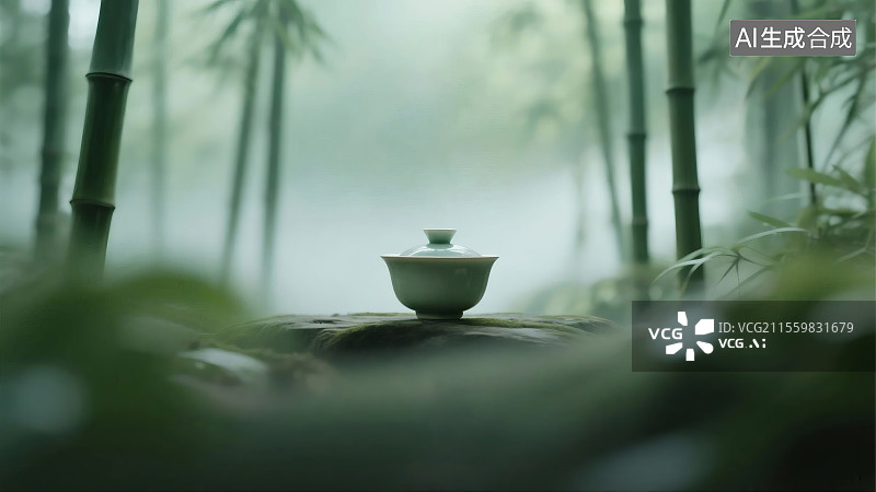 【AI数字艺术】竹林中茶杯静立石上绿意盎然图片素材
