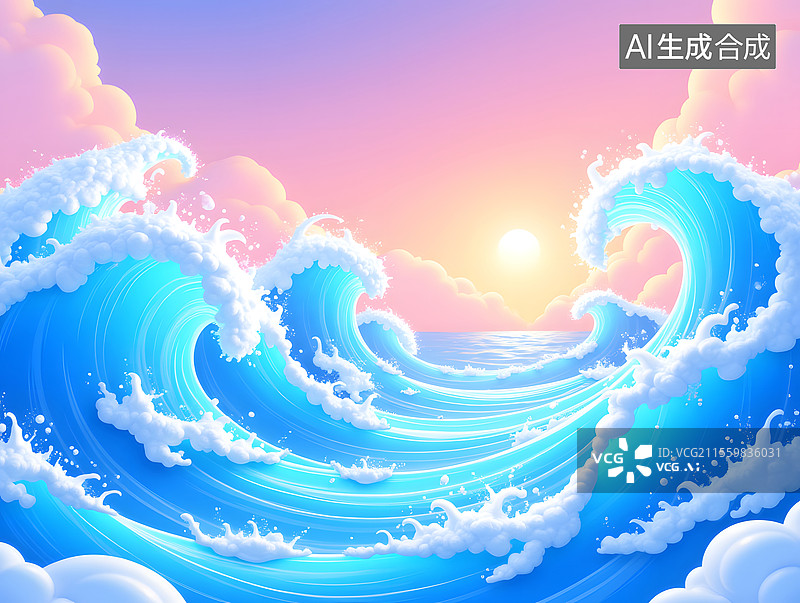 【AI数字艺术】夏天海边冲浪的浪花场景插图图片素材
