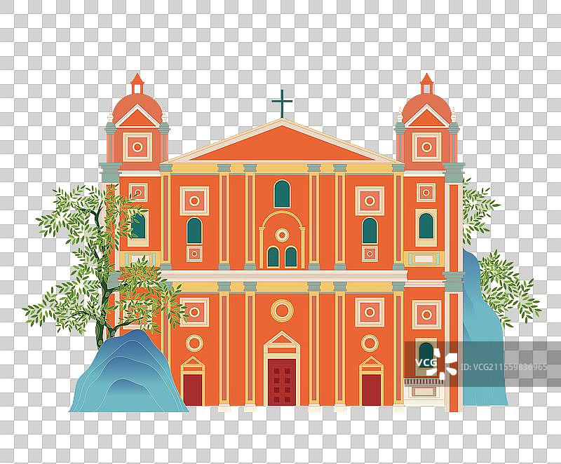 国风国潮风古风城市建筑插画元素矢量—太原天主教堂图片素材