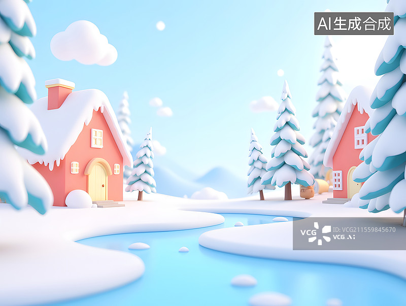 【AI数字艺术】冬日雪景小屋的三维场景图片素材
