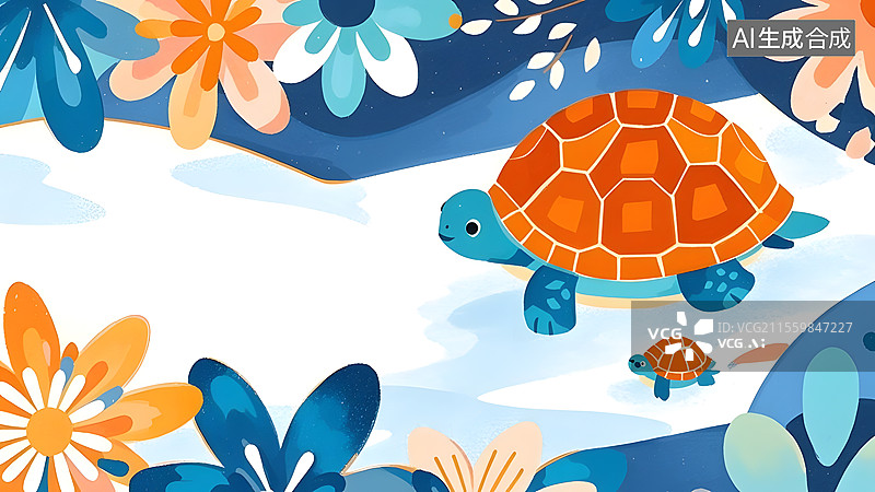 【AI数字艺术】2D卡通乌龟趣味绘本插画图片素材