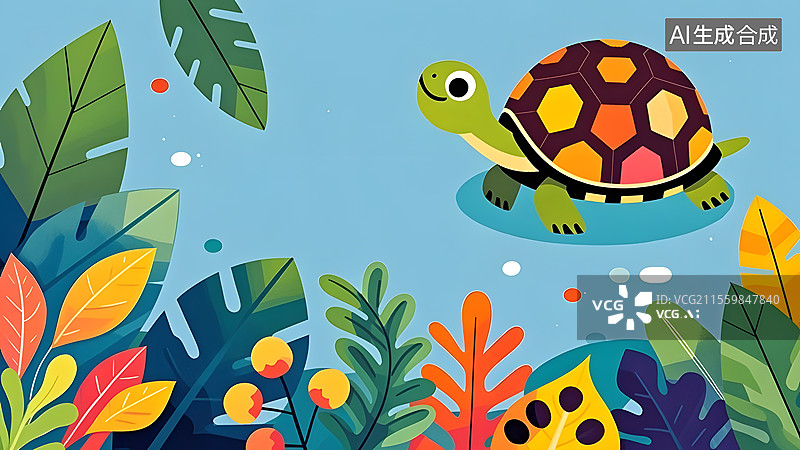 【AI数字艺术】2D卡通乌龟趣味绘本插画右上图片素材