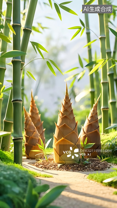 【AI数字艺术】春天竹林竹笋三维插画图片素材