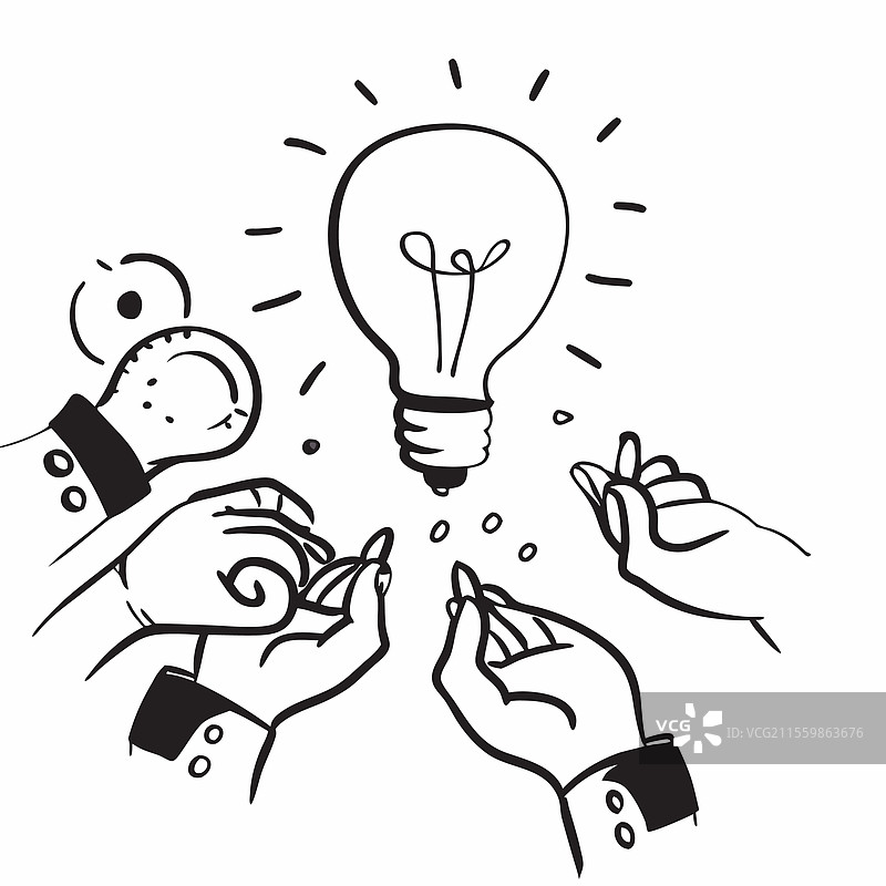 团队头脑风暴会议与灯泡概念图片素材