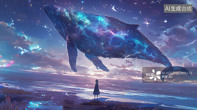 【AI数字艺术】守望梦幻般的巨型白鲸漫画插图图片素材