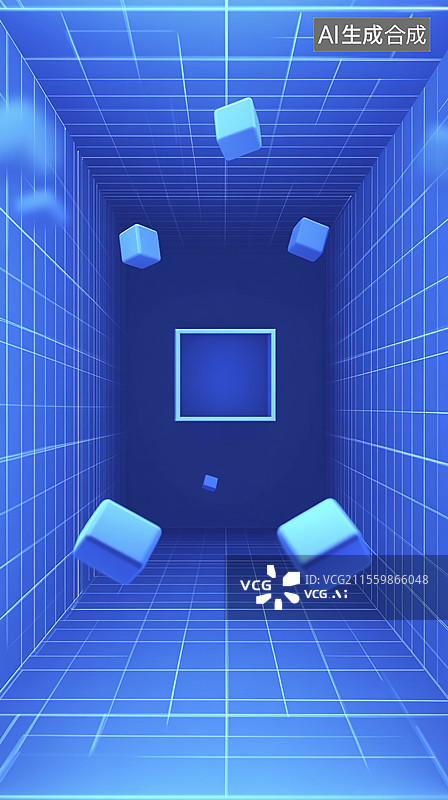 【AI数字艺术】蓝色立方体数字走廊图片素材
