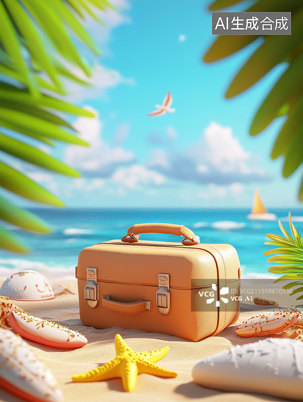 【AI数字艺术】海滩上的复古行李箱和贝壳图片素材