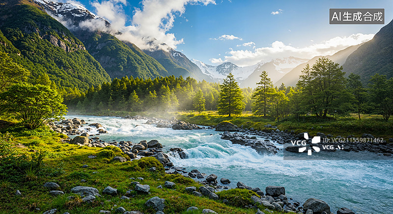 【AI数字艺术】雪山下的宁静湖泊图片素材