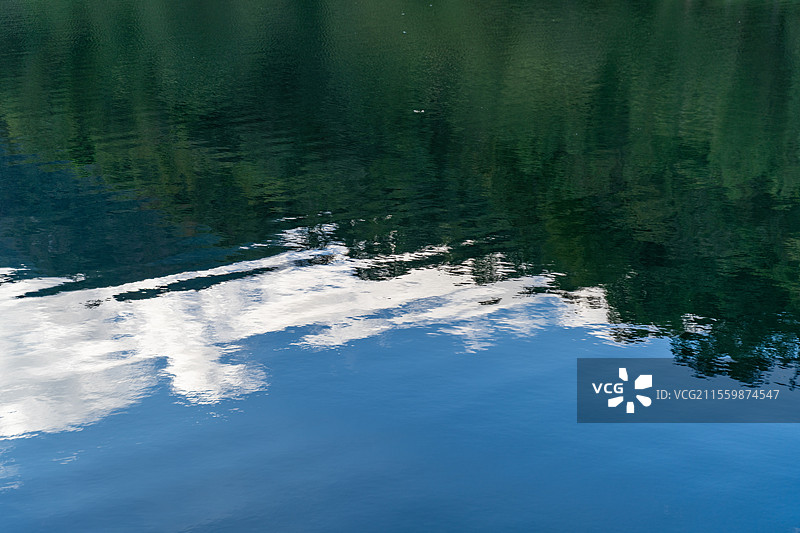 晴天的湖水倒映边上的树木和蓝天白云图片素材