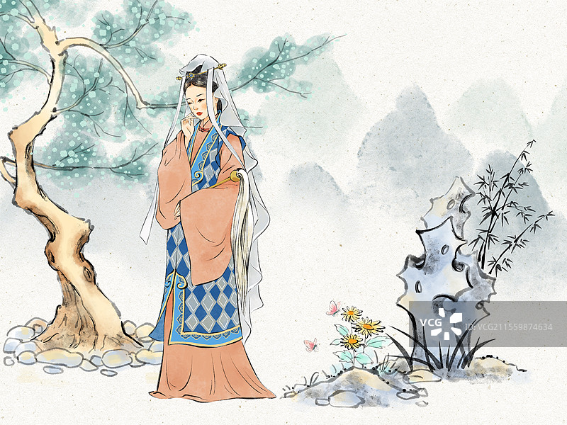 国风文学名著红楼梦金陵十二钗清朝汉服春天古装美人系列人物插画，妙玉居士。图片素材