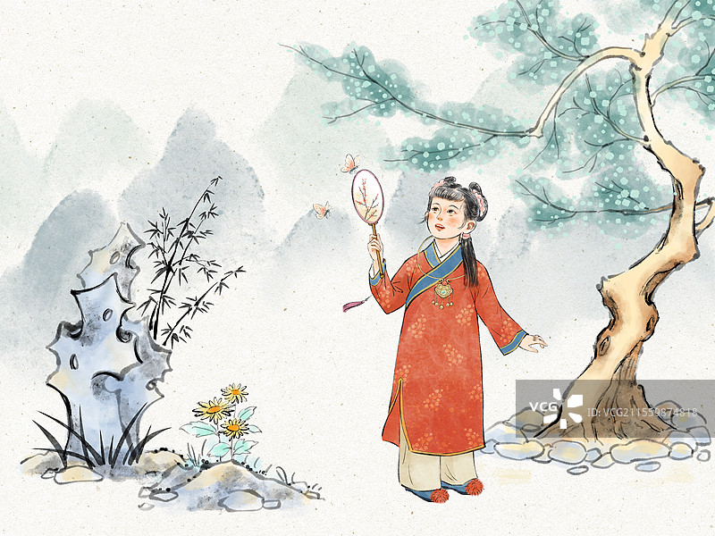 国风文学名著红楼梦金陵十二钗清朝汉服春天古装美人系列人物插画，扑蝶玩耍的儿童小孩巧姐图片素材