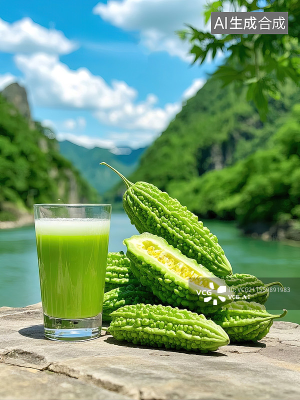 【AI数字艺术】苦瓜和苦瓜汁果汁广告图图片素材