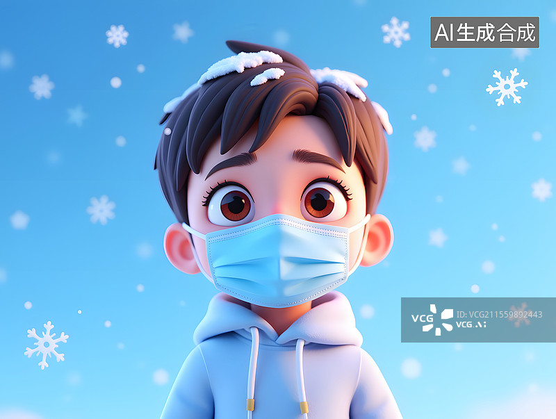 【AI数字艺术】戴着防流感口罩的男孩3D插画图片素材