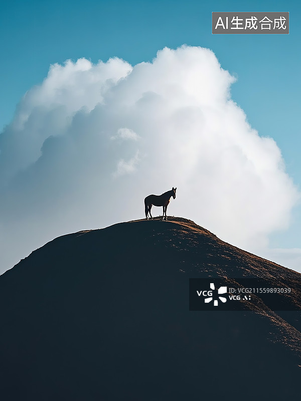 【AI数字艺术】山顶上的一匹马的彩色插图图片素材