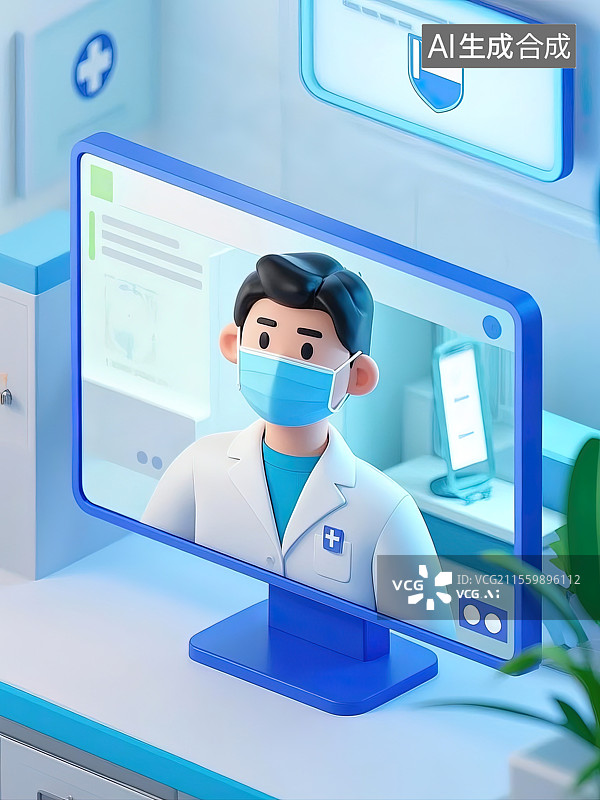 【AI数字艺术】3D卡通手机线上医生问诊图片素材