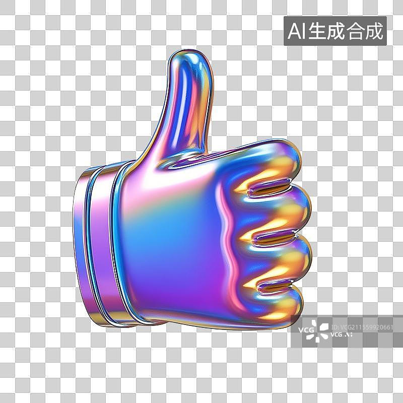 【AI数字艺术】3D渲染，炫彩激光镭射酸性金属质感，点赞手势，竖起大拇指，赞扬，表扬手势，手，图形图标，免抠元素图片素材