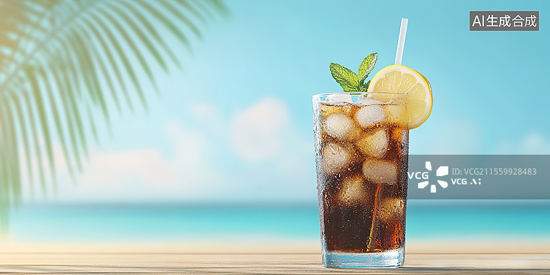 【AI数字艺术】夏日清新风海边的一杯冰红茶——夏日旅游度假主题图片素材