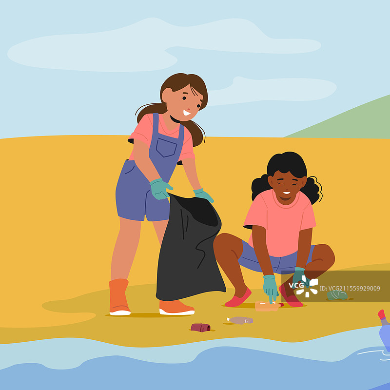 两个小女孩朋友在捡垃圾图片素材