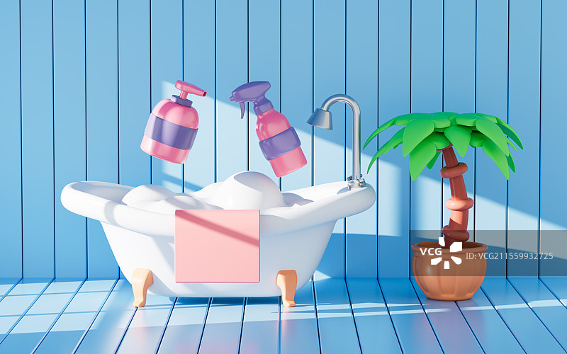 卡通室内带有浴缸的浴室3D渲染图片素材