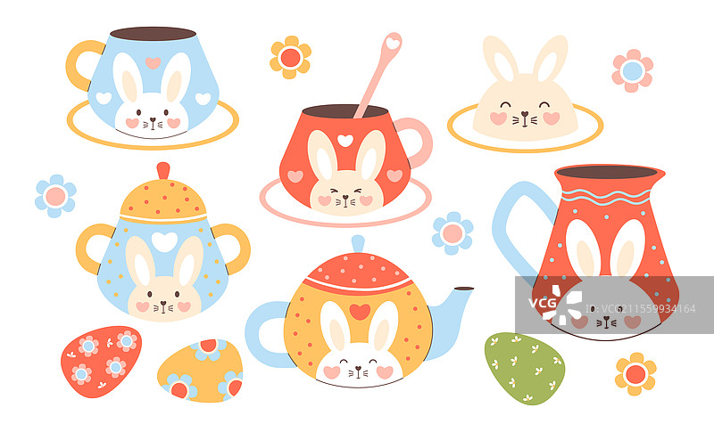 装饰有搞笑兔子的复活节餐具套装图片素材