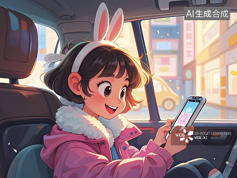 【AI数字艺术】坐在小汽车里玩手机的卡通女孩图片素材