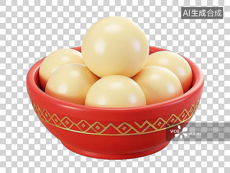 【AI数字艺术】喜庆3D卡通红碗盛满汤圆金色描边中国新年插画元宵节免抠元素图片素材