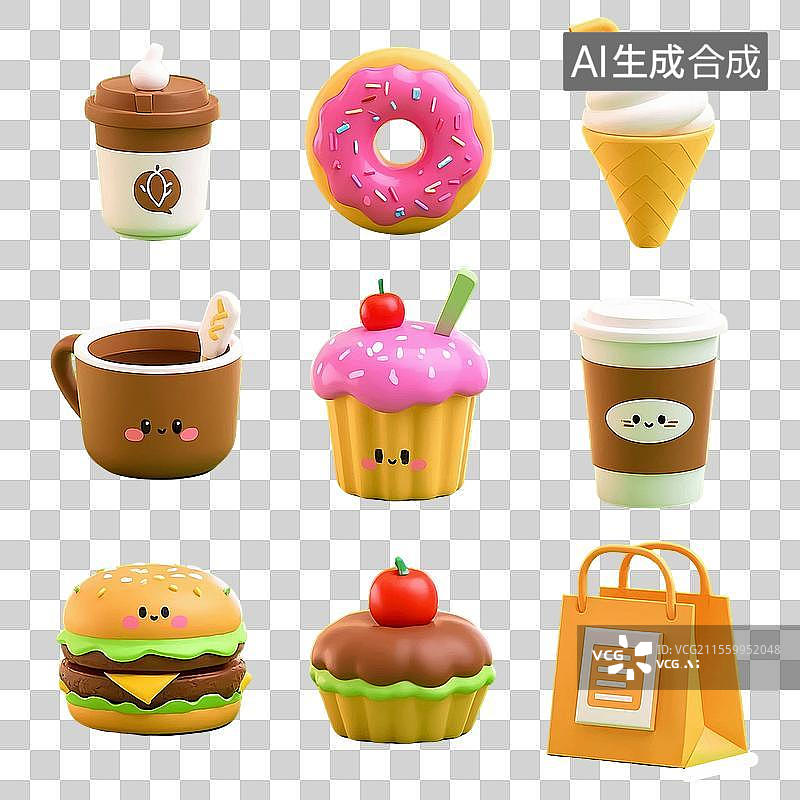 【AI数字艺术】汉堡 甜甜圈 咖啡 蛋糕 3D图标头像 立体卡通 商业 广告 免抠素材图片素材