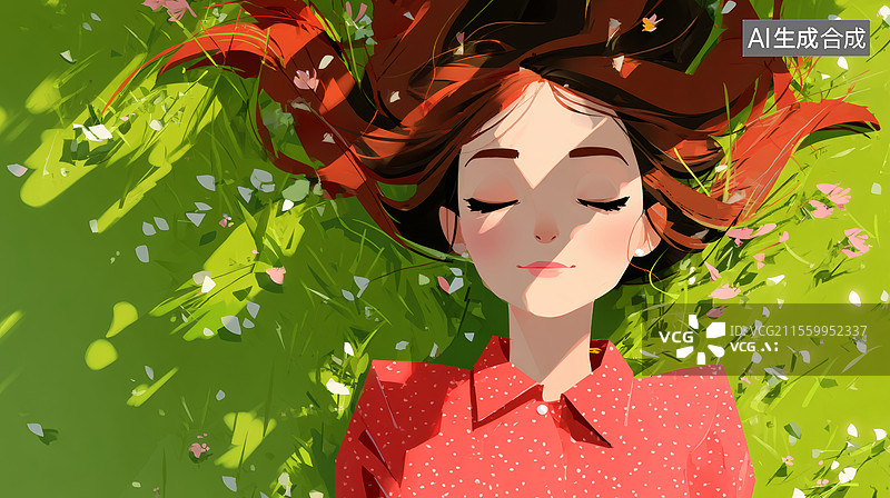 【AI数字艺术】穿粉色裙子的女孩躺在绿色草地上图片素材