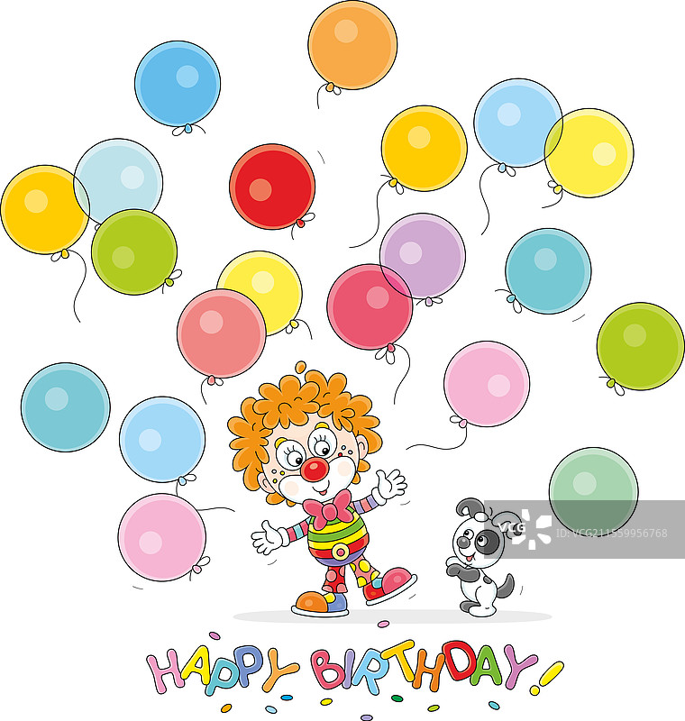 生日卡片上有小丑和气球图片素材