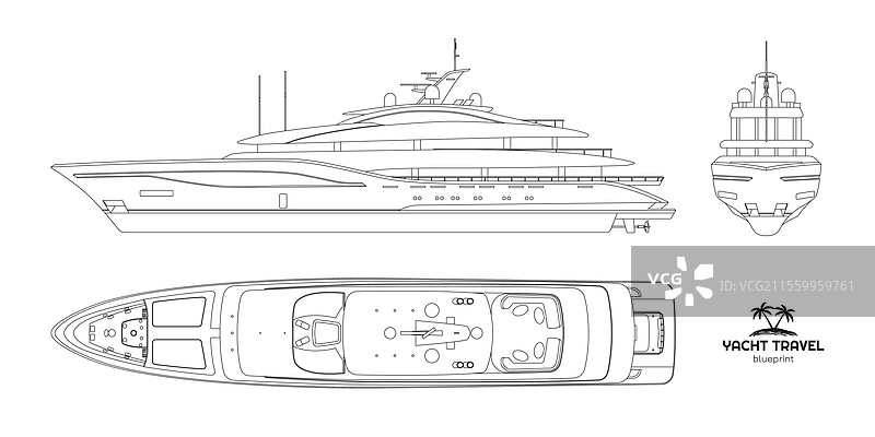 游艇的侧面、正面和顶部视图轮廓图图片素材