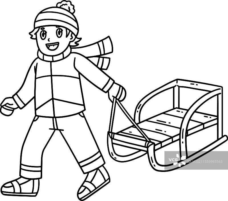 拖着雪橇的男孩，孤立的涂色图案图片素材