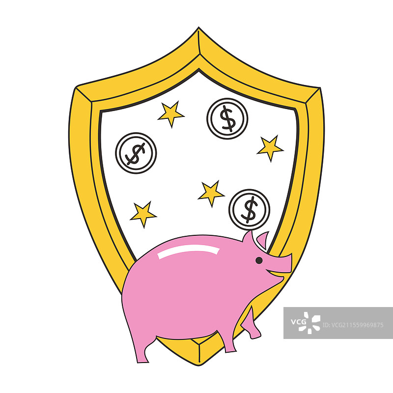 手绘的盾牌，上面有一个储蓄罐和硬币图片素材