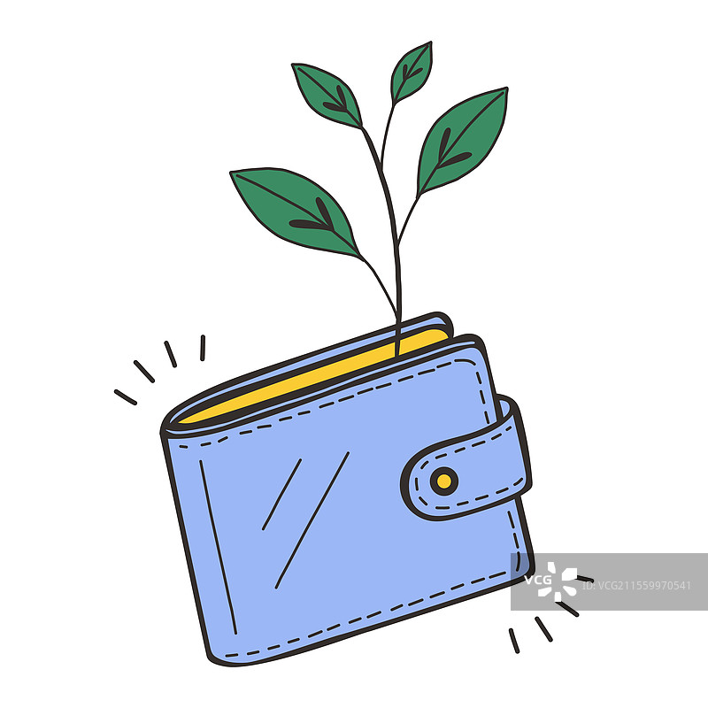手绘的钱包里长出了一株植物图片素材