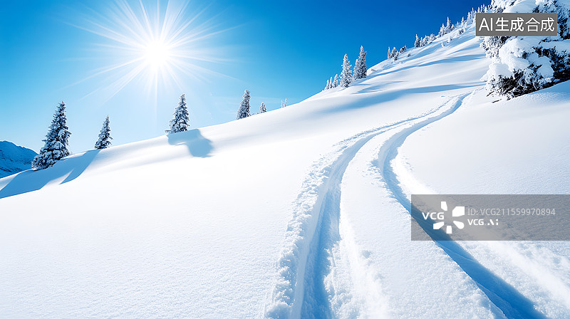 【AI数字艺术】AIGC：冬季雪景滑雪的痕迹，自然风光背景图片素材