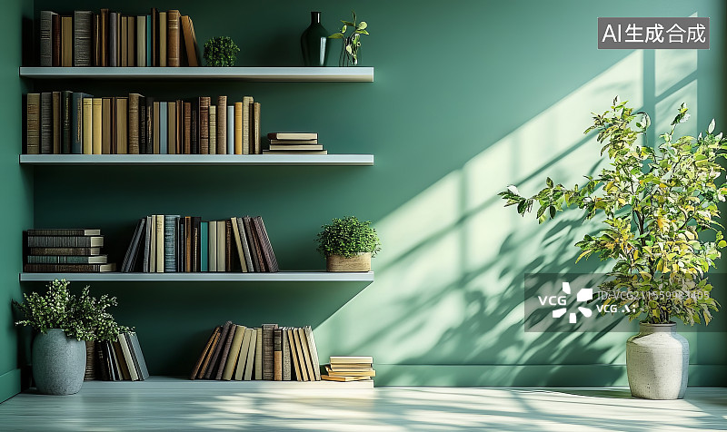 【AI数字艺术】室内绿色书架与绿植场景图片素材