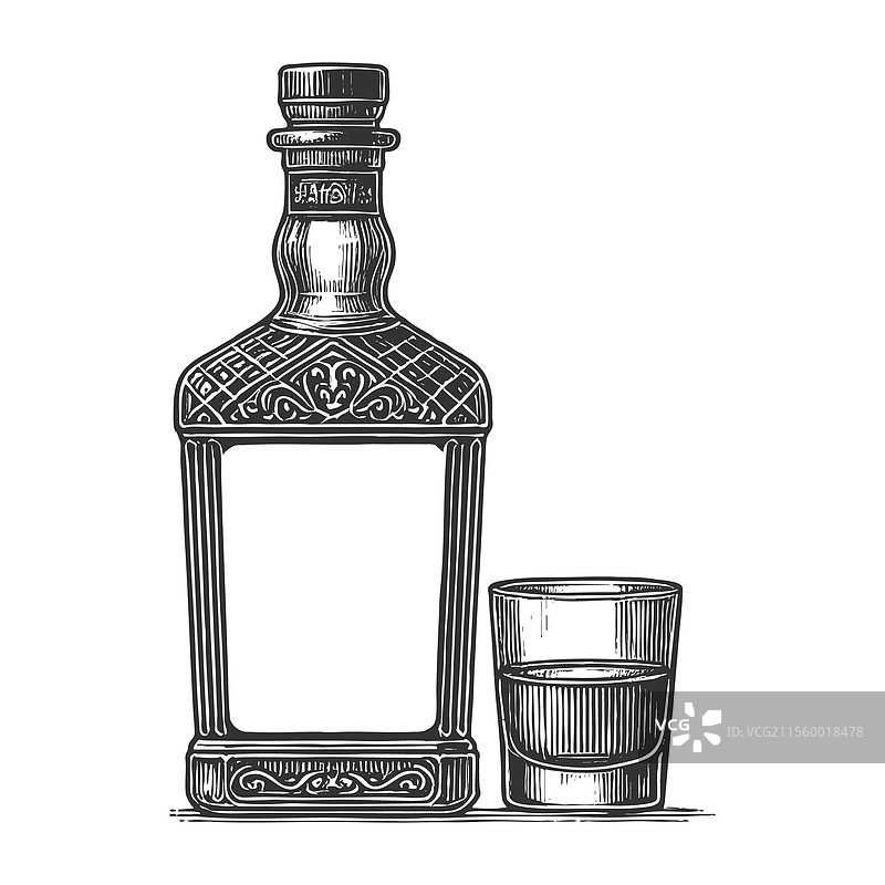 酒瓶和威士忌杯的雕刻图片素材