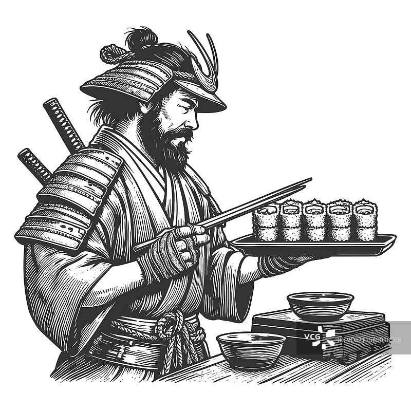 武士厨师准备寿司的雕刻图片素材