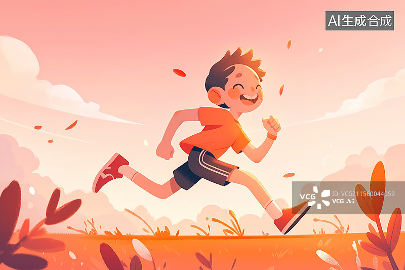 【AI数字艺术】卡通风格跑步锻炼身体的小孩插画图片素材