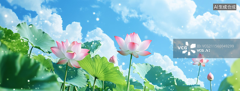 【AI数字艺术】池塘荷花荷叶，夏日题材图片素材