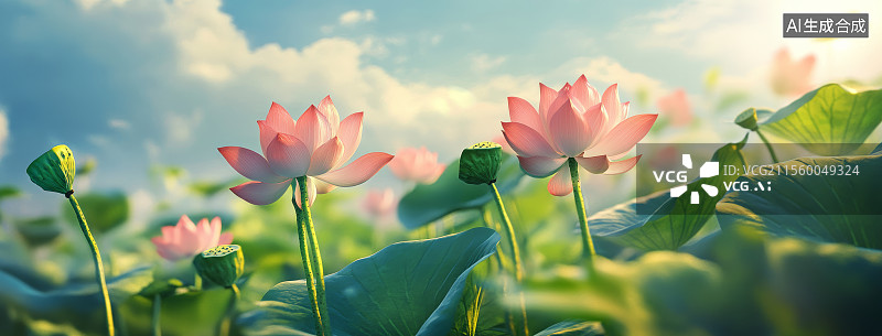【AI数字艺术】池塘荷花荷叶，夏日题材图片素材