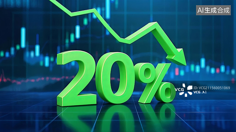【AI数字艺术】3D渲染绿色20%与下跌箭头图标图片素材